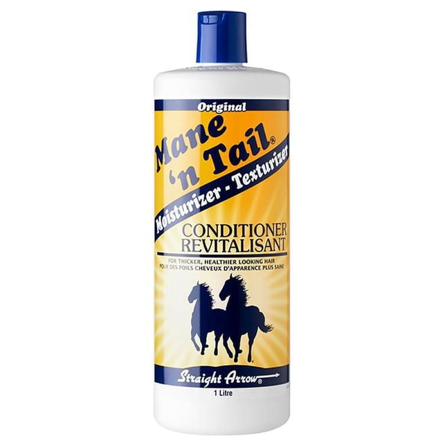 Le Revitalisant Original Mane 'n Tail Bouteille de 1 Litre avec Bouchon à Rabat Bleu et Étiquette Jaune Présentant Deux silhouettes de Cheval Noir, Formulé comme Hydratant et Texturisant pour Revitaliser les Cheveux, Favorisant des Cheveux Plus Épais et d'Apparence Plus Saine et Protégeant contre la Casse et la Sécheresse.