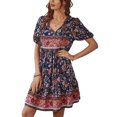 thumbnail image 3 of Faithtur Nouvelle Mode Robe d'Été à Manches Courtes pour Femmes Mode Imprimé Fleuri Col en V Taille Haute Robe Trapèze, 3 of 9
