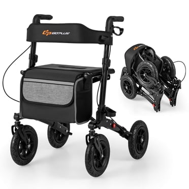 Goplus Walker for Seniors Folding Rollator Walker with 9" Pneumatic Tires for All Terrain Black