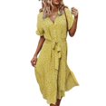 thumbnail image 1 of Femmes Bouton vers le Bas Midi Robe à Manches Courtes Imprimé Floral Ceinture en Vrac Robe Chemise Jaune M, 1 of 8
