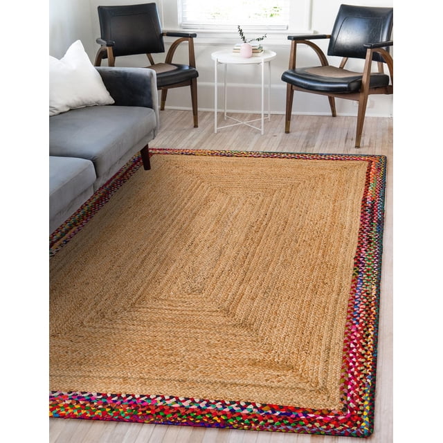 Indian Handmade Braided Multi Cotton Border with Inner Natural Jute Area Rug, Home Décor Rug, Jute Rug for Bedroom, Dining Room, living room, Doormat Rug Size - 4' x 9' (120 cm x 270 cm)