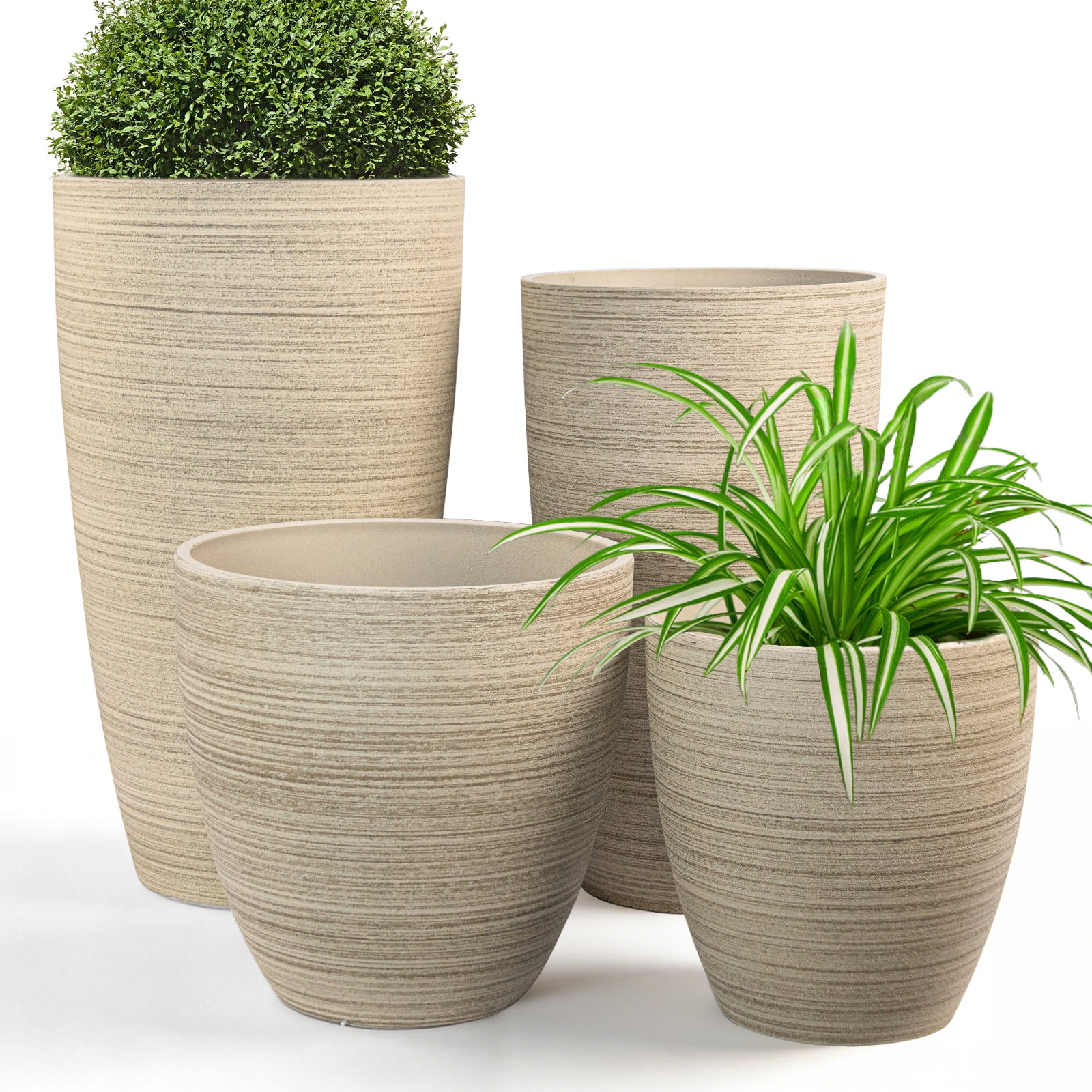 FIASON 4 Pack Large Plastic 21/18/12/10" H Oatmeal White Textured Tall Planters, Tall Plant Pots for Outdoor Indoor with Shelf Inset, Textured Finish Large Flower Pot with Drainage Holes for Patio