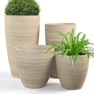 FIASON 4 Pack Large Plastic 21/18/12/10" H Oatmeal White Textured Tall Planters, Tall Plant Pots for Outdoor Indoor with Shelf Inset, Textured Finish Large Flower Pot with Drainage Holes for Patio