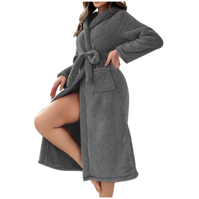 Timegard Nightgown for Women Fleece Mid Long Robe with Hood Belt Homewear Fall Winter Warm Comfy Bathrobe