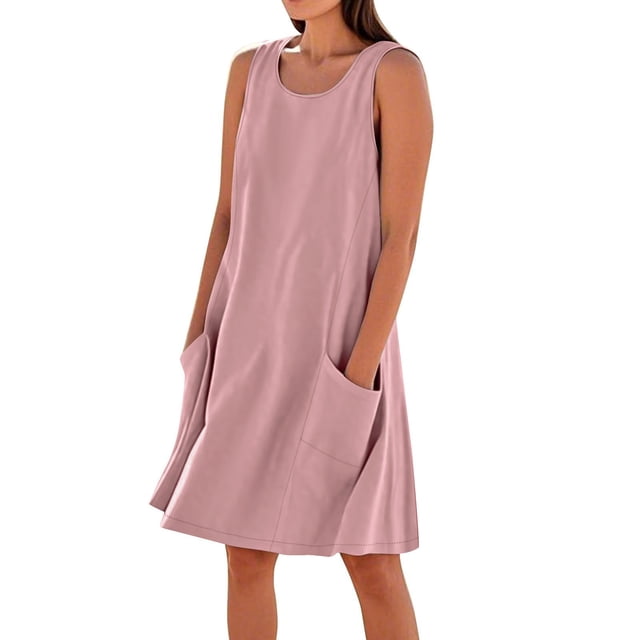 Kyusrd Robe Débardeur d'Été pour Femmes Robe Courte Col Rond Sans Manches Robe T-Shirt Robe Trapèze Robe en Lin avec Poche