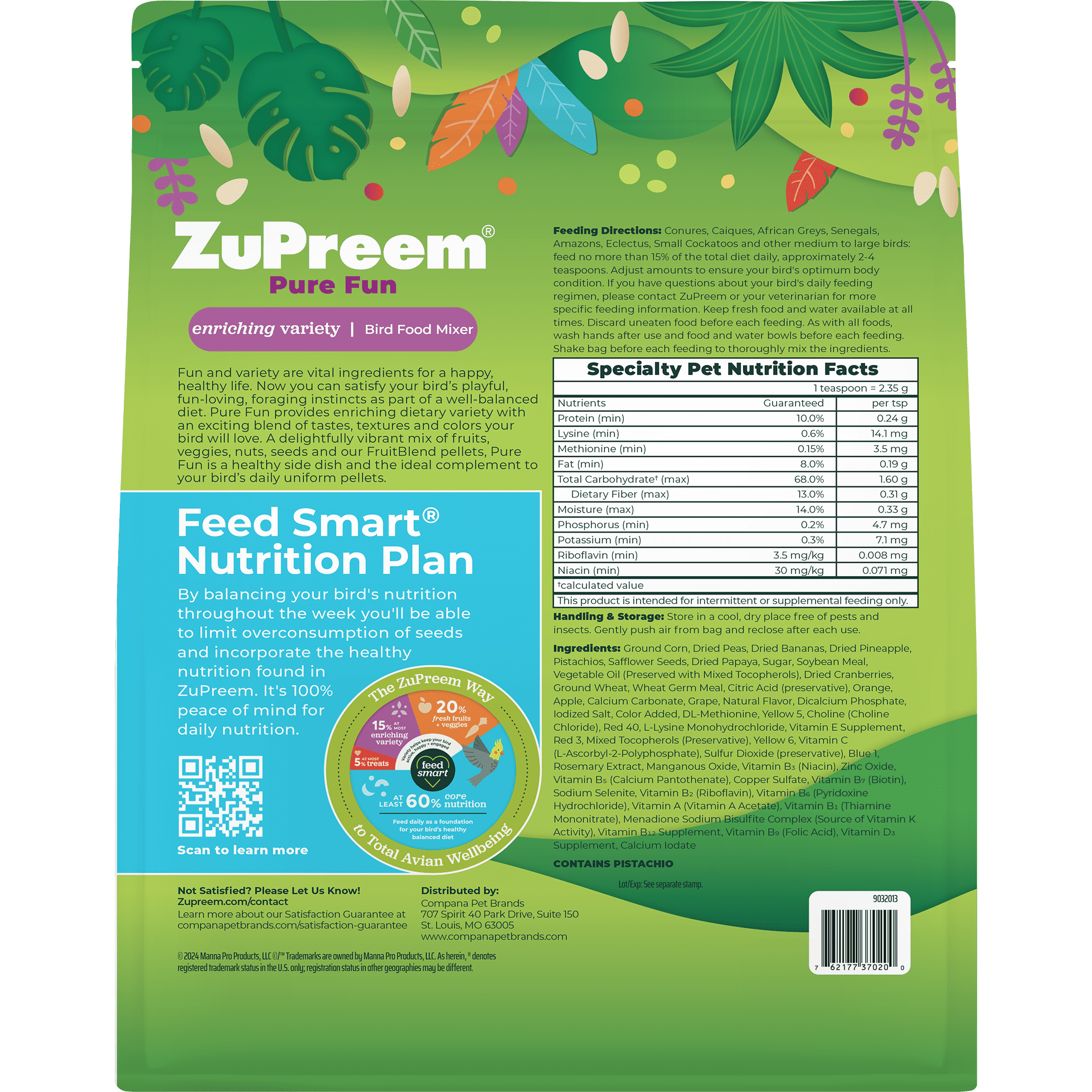 Zupreem Pure Fun Bird Food for Parrots, Conures, Large Birds, 2 lb Bag