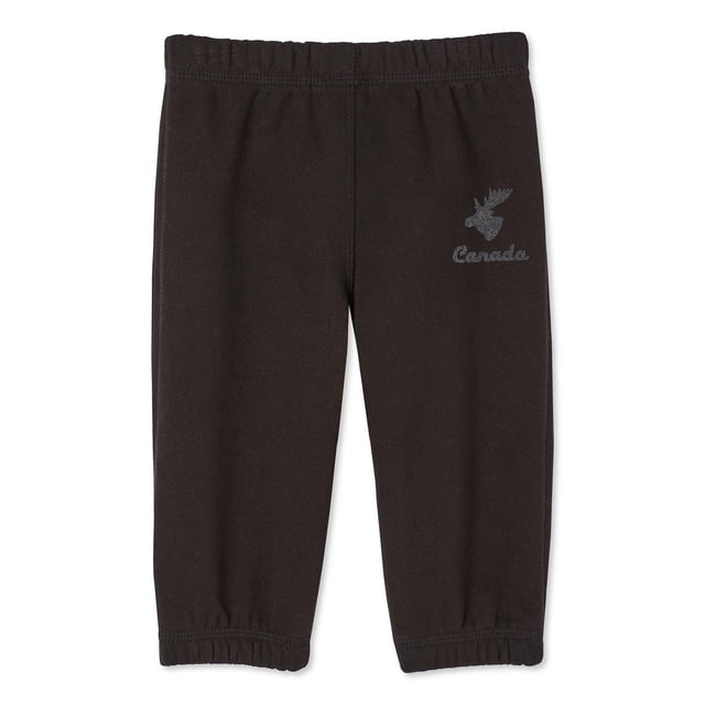 Canadiana infants' gender inclusive jogger in dark brown soft fleece with elasticized waistband and cuffs, featuring a front moose graphic and 'Canada' text on the left thigh, suitable as baby boy bottoms for 0-24 months.