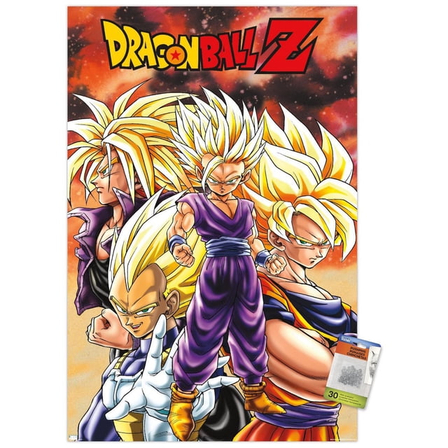 Dragon Ball Z - Saiyans Wall Poster, 22.375" x 34", depicting four Super Saiyan characters with spiky golden hair and determined expressions. The central figure wears a purple gi with a blue sash and orange boots, standing with clenched fists. The surrounding Saiyans are dressed in battle armor and martial arts attire, set against a fiery orange and red cosmic background. Printed on glossy paper, this high-resolution poster is suitable for decorating bedrooms, offices, or dorm rooms.