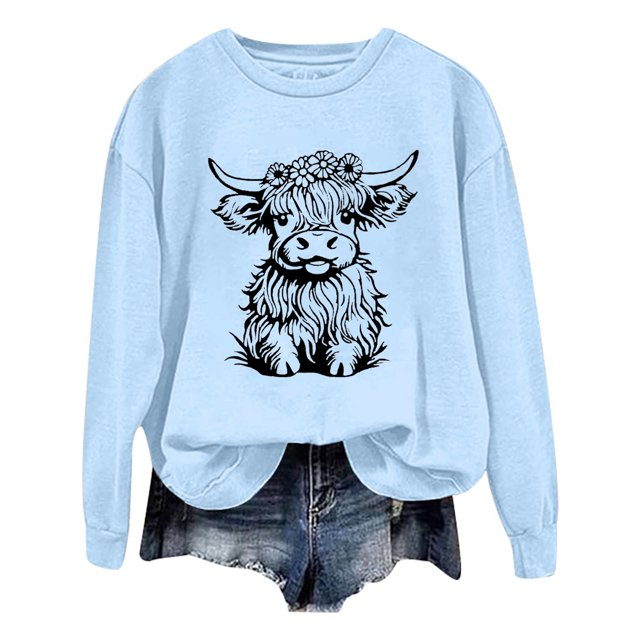 WEAIXIMIUNG Chandail pour Femmes Chic Chandail d'Automne et d'Hiver pour Femmes 2025 Col Rond Mode Chemise à Imprimé Vache Manches Longues Mode Décontractée Mode Haut de Sortie