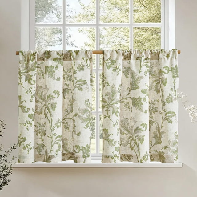 Linen Kitchen Curtains 24 Inch Vintage Gray Floral Tier Curtains Farmhouse Cottage Cafe Rod Pocket Country Small Window for Laundry Room Bathroom RV 2 Panels Green on Beige