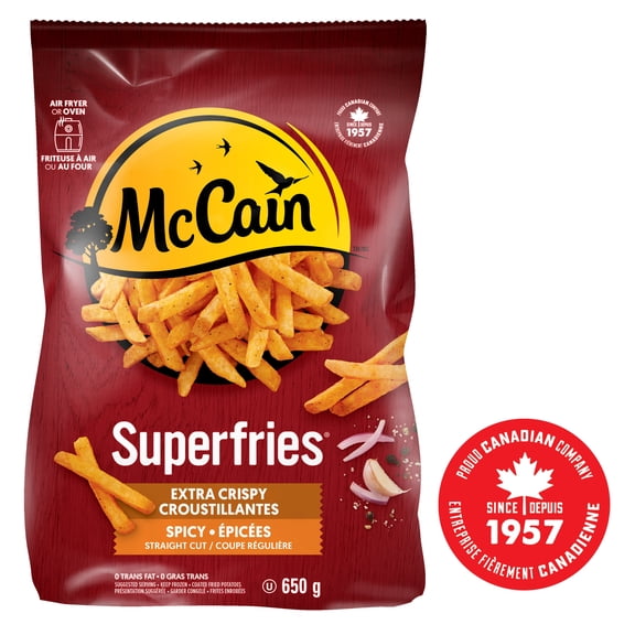 Frites épicées à coupe régulière extra croustillantes Superfriesᴹᴰ McCainᴹᴰ, Fabriqué au Canada à partir d'ingrédients canadiens et importés - 650 g 650g