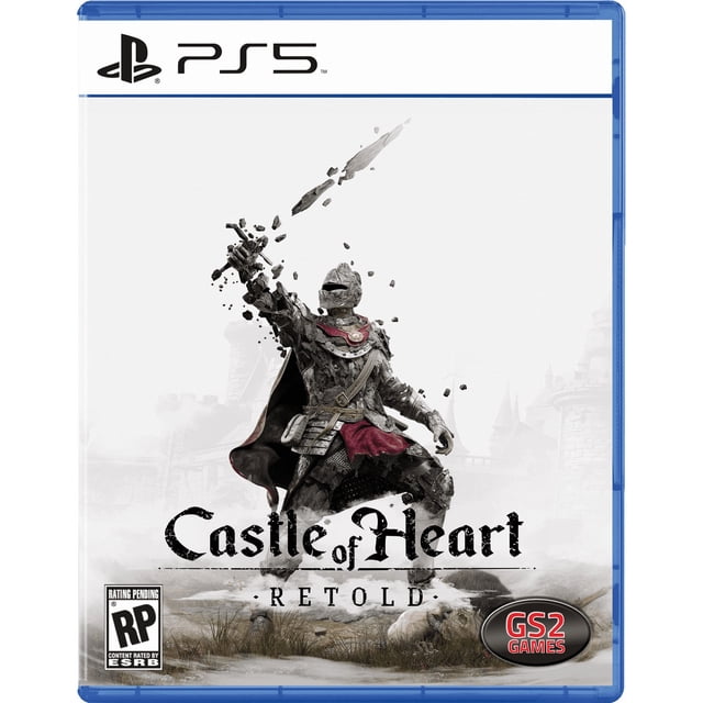 Castle of Heart: Retold PlayStation 5 game cover featuring a cursed warrior in stone armor with a red cape, raising a fragmented sword with floating stone shards, set against a misty medieval castle background, including GS2 Games logo and ESRB rating pending.