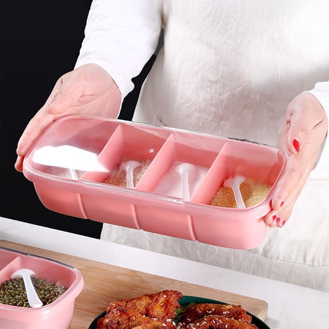 TIMIFIS Divided Seasoning Boxs, Flip Plastic Seasoning Box Jar Bottle Seasoning Box Set Household Combination Set Jar with Spoon Kitchen Supplies Kitchen Appliances