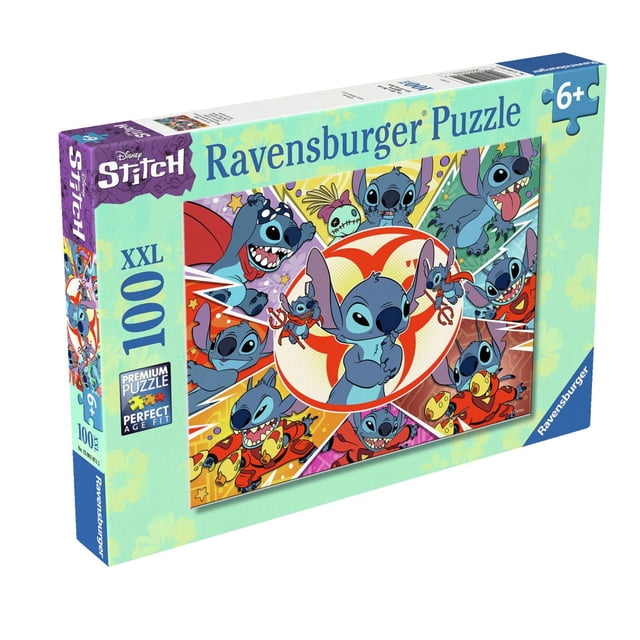 Ravensburger Casse-Tête Disney Stitch de 100 Pcs dans une Boîte Vert Pâle avec accents Violets et Bleus, Présentant un collage Multicolore de Style Bande Dessinée de Stitch dans Diverses poses Ludiques, Conçu pour 6 Ans et Plus avec des Pièces de Casse-Tête TTG pour un Assemblage Plus Facile.