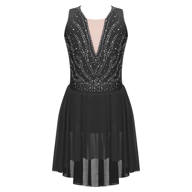 RUNQHUI Robe de Patinage Artistique Sans Manches pour Filles avec Strass, Gymnastique Asymétrique, Compétition, Danse, Noir 14