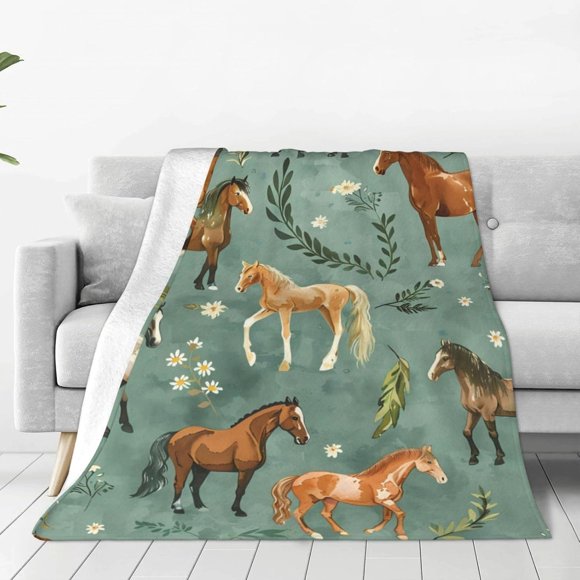 Horse Blanket Cute Horses Flowers Decor Throw Blanket Gifts for Girls Boys Animal Lover Couch Bedding Super Warm Soft Plush Lightweight Fleece Flannel Blanket for Kids Adults Men Women 80"X60"