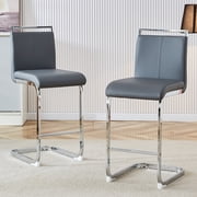 A set of 2 modern bar stools, made of dark gray PU leather with a silver metal frame,38 inches high,featuring an ergonomic backrest and non slip feet, perfect for kitchen islands and bar counters.