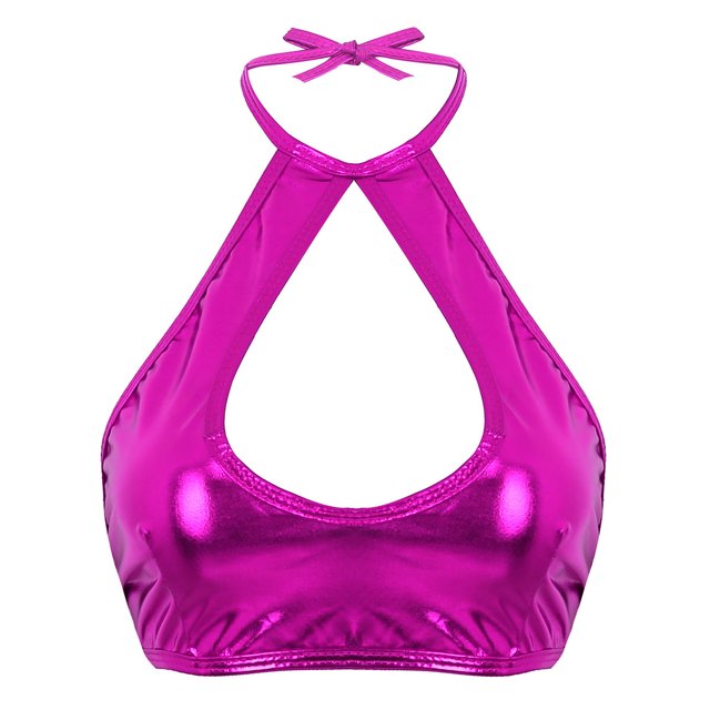 RUNQHUI Women's Shiny Metallic Keyhole Crop Top Halter Backless Rave Bandeau Vest Bra Clubwear Rose One Size