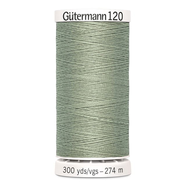 Gutermann 120 100% polyester all purpose thread spool in light sage green, tightly wound with 300 yards (274 meters) length, suitable for machine and hand sewing woven, knit, and synthetic fabrics.