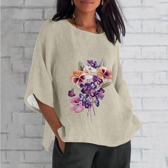 Blouses pour Femmes, Mode Décontractée Alzheimer Manches 3/4 Imprimé Coton Ample