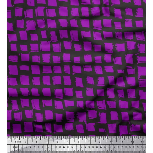 Soimoi Purple Silk Fabric Stripe & Square Geometric Printed Fabric 1 Yard 42 Inch Wide