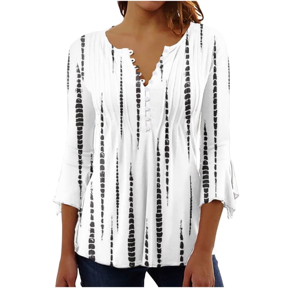 Moxiu Womens 3/4 Bell Sleeve Summer Tops for Women 2025 Trendy Boho Floral Print Tunic Shirts Henley Button V Neck Tshirt Casual Loose Blouse White,L