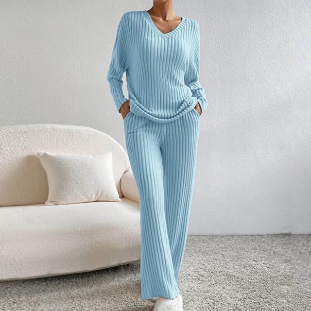 Ensembles de Survêtements pour Femmes Manches Longues Col Rond Haut Pantalon Grand Ensemble Deux Pièces Tenues Assorties avec Poches Bleu m