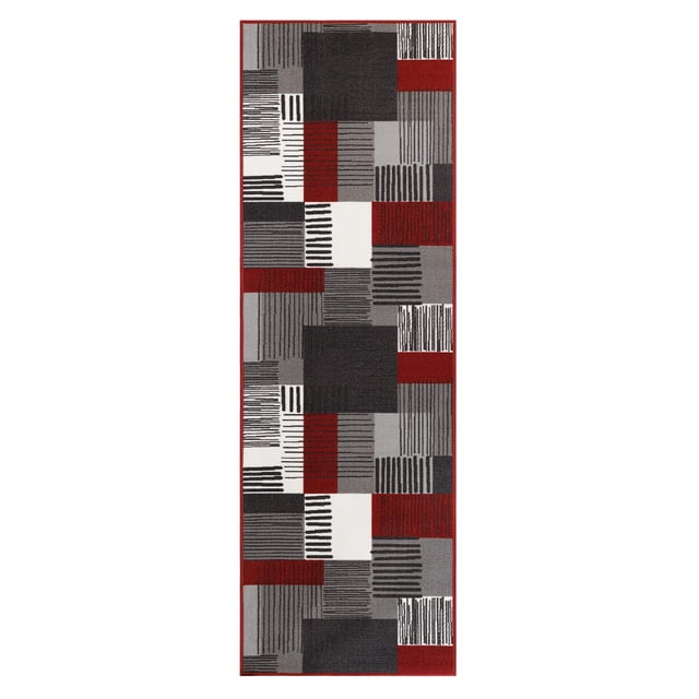 BY COCOON 2'6''x8' runner rug in a modern geometric pattern featuring red, grey, black, and white tones. Made in Turkey with durable, stain-resistant polypropylene material and a non-slip rubber backing. The low pile thickness of 0.2 inches makes it ideal for high-traffic areas like hallways, kitchens, and entryways. Washable and easy to maintain, this rug is kid- and pet-friendly, offering both style and functionality.