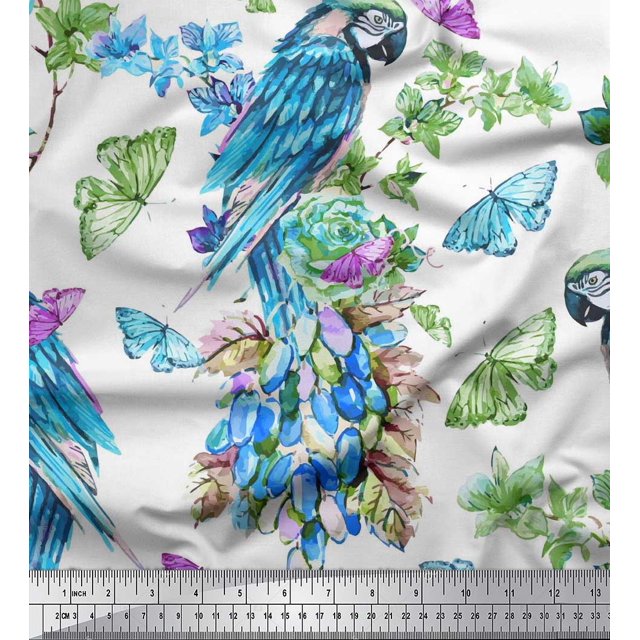 Soimoi Blue Rayon Fabric Floral,Insect & Parrot Bird Printed Fabric 1 Yard 42 Inch Wide
