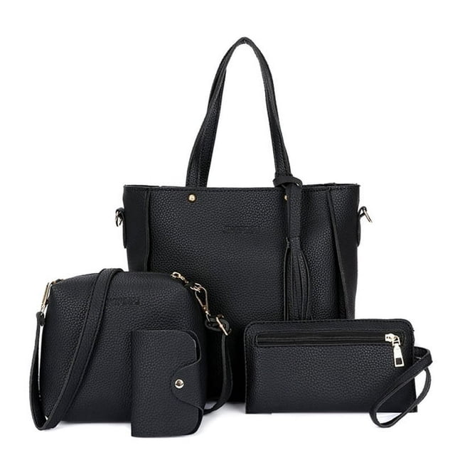 OUSITAID Women Solid Color Handbag set featuring a black PU leather design. Includes a large tote handbag with dual handles, a crossbody shoulder bag with an adjustable strap, a compact hand purse, and a card holder. Durable and wear-resistant, ideal for daily use.