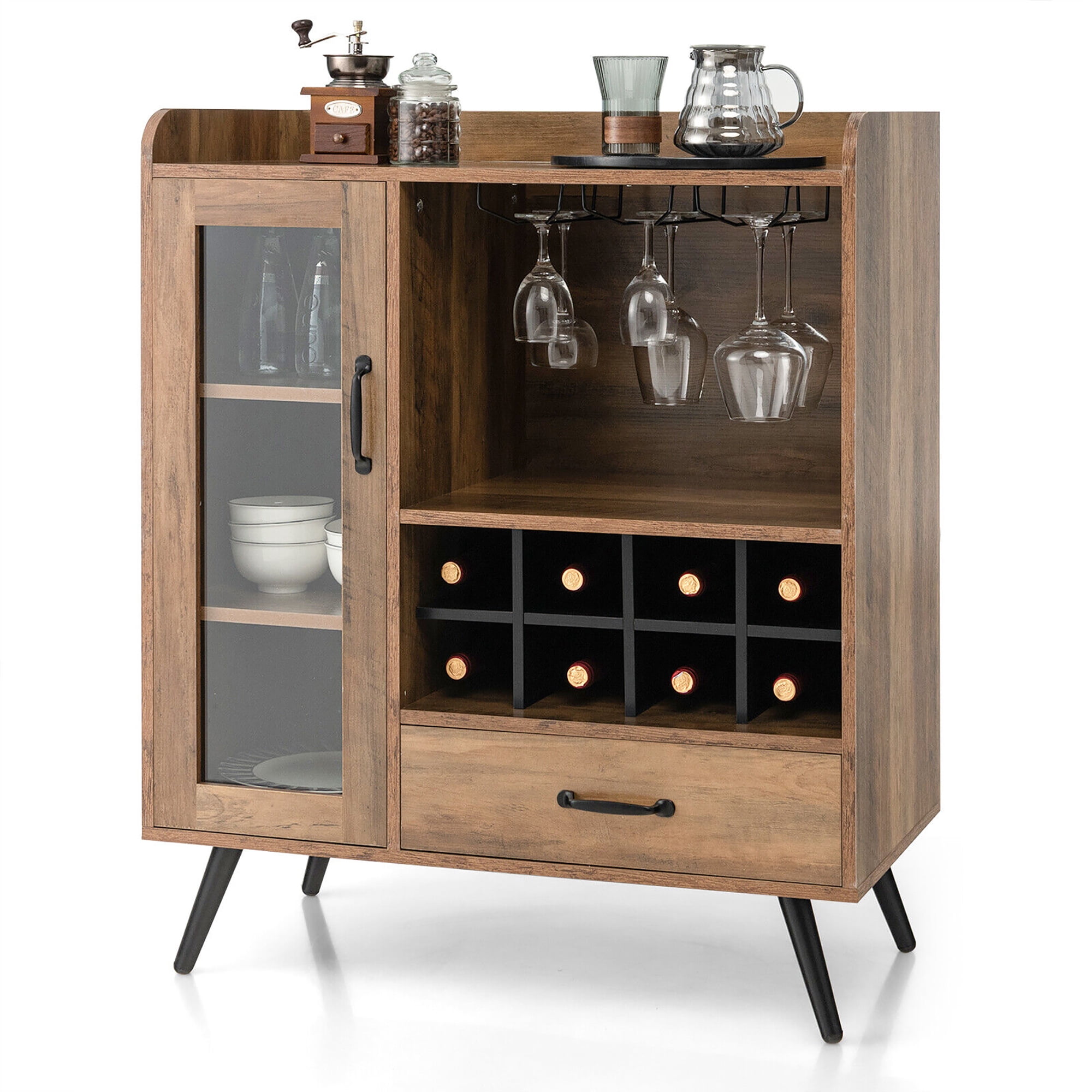 Gymax Buffet Bahut Crédence d'Armoire de Bar à Alcool avec Casier à Vin et Porte-Verre