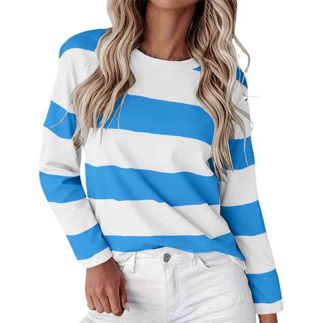 ManxiVoo Women's Long Sleeve Striped Printed T Shirt Crew Neck Comfy Fall Graphic Tee Lightweight Blouse S Size Blue
