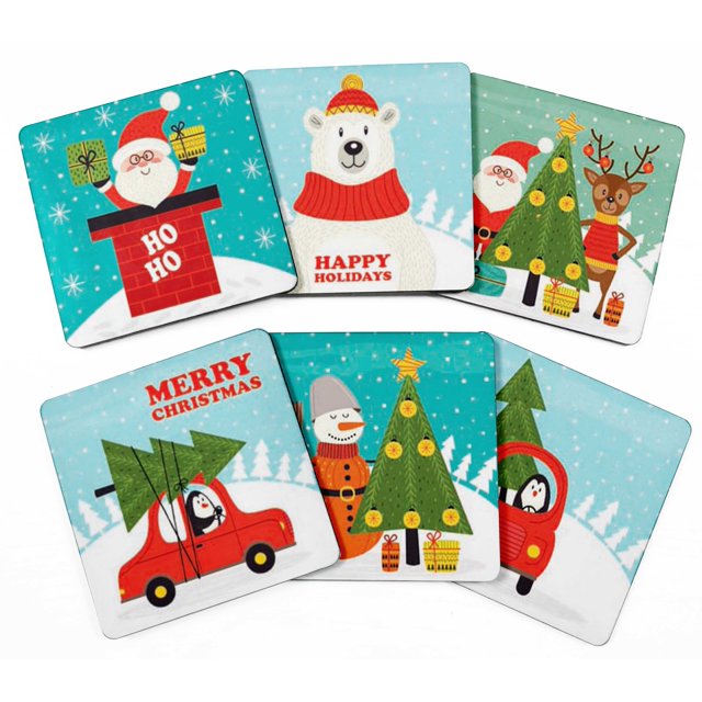 Inkdotpot Set of 6 Drink Coasters Easy Clean 4-inch SquareCoastersCork Base,Reusable,Christmas
