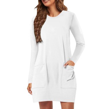 Robes Blanches pour Femmes Décontractées Élégantes à Col Rond Robe de Sport Couleur Unie avec Poches Robe Décontractée Robe d'Automne