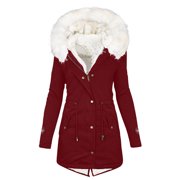 Packable Winter Jacket Women Winter Fashion Coats Womens Warm Hooded Jacket Thick Padded Loose Fleece Outerwear Oversized Hooded Parka Coats Zip up Button Overcoat S-41 Wine 3XL