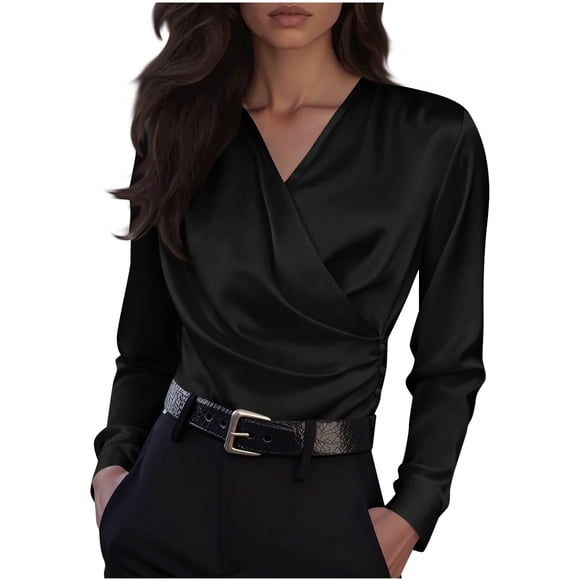 Zwiiyzr Womens Casual Solid Color V Neck Shirt Long Sleeve Loose Fit Blouse Soft Breathable Comfortable Office Wear Daily Basic Top Black