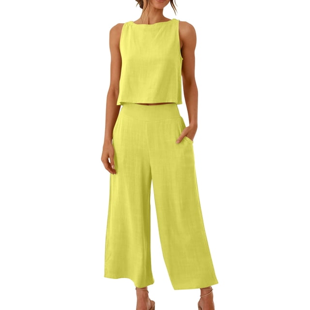 RKSTN Ensemble Deux Pièces pour Femme, Blouse Sans Manches à Col Rond de Couleur Unie et Pantalon Ample à Poches, Tenues d'Été