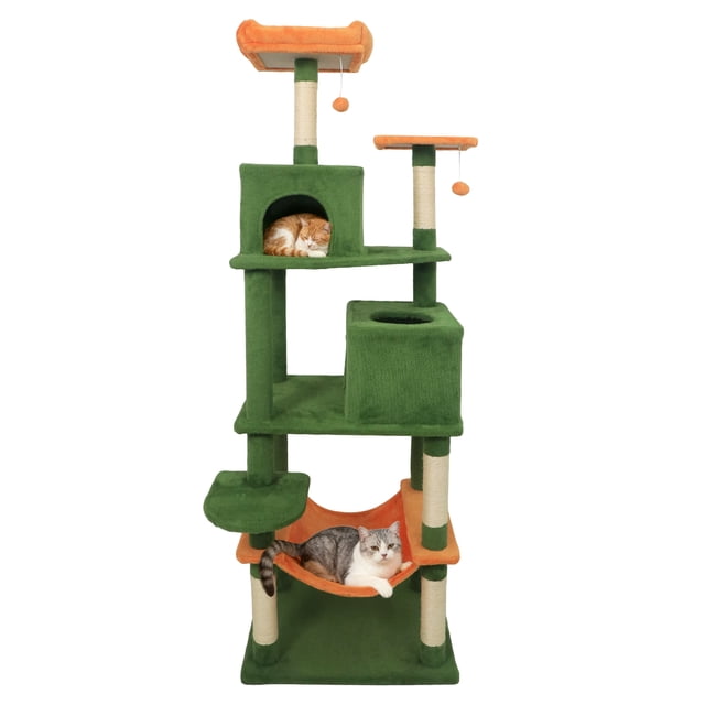 Costway 70" Cat Tree for Indoor Cats with Padded Top Perch, Dual Condos, Hammock, Platforms Green