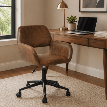 Homy Casa Faux Suede Office Chair, Brown Adjustable Swivel Desk Chair with Padded Seat, Arms and Smooth-Rolling Casters