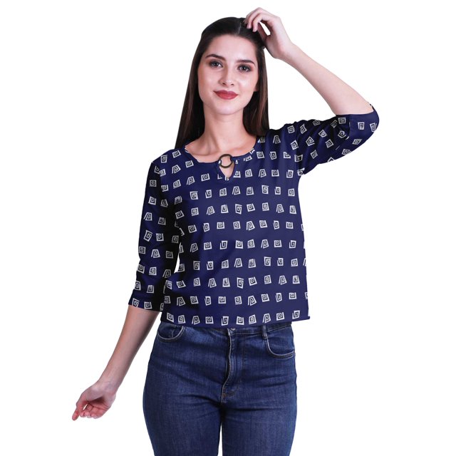 Moomaya Printed Keyhole Neck Ring Top Casual 3/4th Sleeve Tees Tank Tunic Top