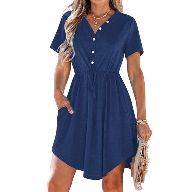LOVZFMLL Robe d'Été Décontractée pour Femme à Manches Courtes, Col en V, Boutonnée, Robe de Plage pour Vacances et Voyages avec Poches, Bleu Foncé, A 3TG