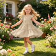 thumbnail image 2 of FhsagQ Robe de Fête à Étages pour Filles avec Manches à Volants et Design Plissé pour l'Été (Kaki Taille 6-7 Ans), 2 of 6