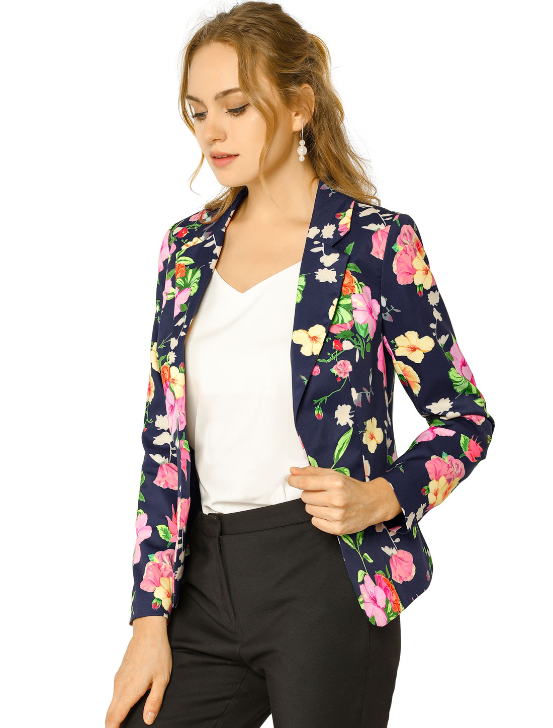 INSPIRE CHIC Blazer Ajusté pour Femme à Revers Cranté Imprimé, Ouvert à l'Avant, Veste de Tailleur de Travail S Bleu Marine-Floral