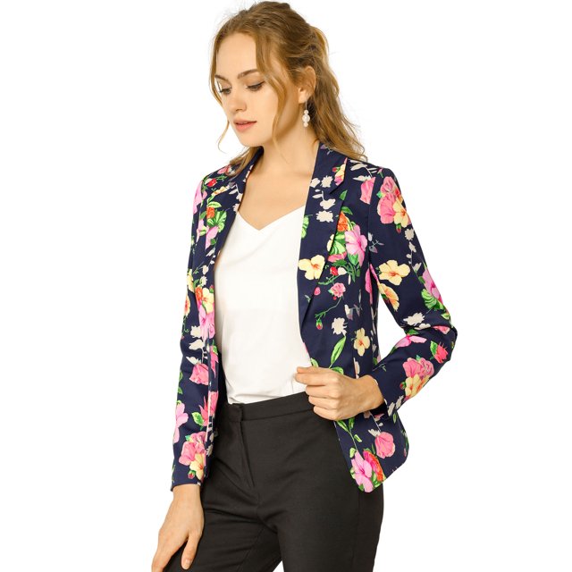 INSPIRE CHIC Blazer Ajusté pour Femme à Revers Cranté Imprimé, Ouvert à l'Avant, Veste de Tailleur de Travail S Bleu Marine-Floral