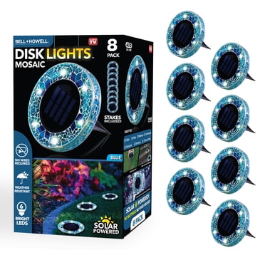 Bell + Howell 6 LED Round Blue Mosaic Solar Powered Disk Lights - 8 Pack with Auto On/Off for Garden and Lawn
