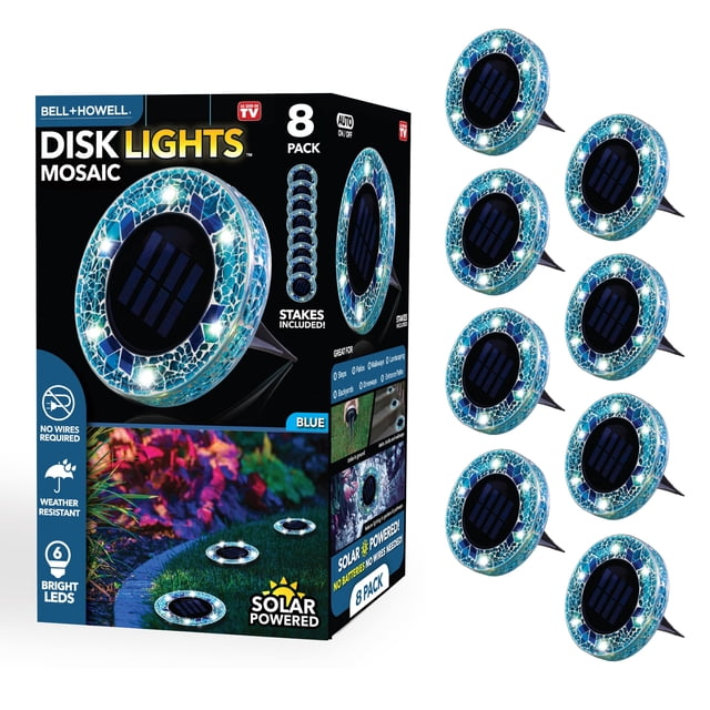 Bell + Howell 6 LED Round Blue Mosaic Solar Powered Disk Lights - 8 Pack featuring a vibrant blue mosaic glass design. Includes eight solar-powered lights with ground stakes for effortless installation in gardens, lawns, or patios. Weather-resistant and maintenance-free, these lights automatically turn on at dusk and off at dawn, offering eco-friendly landscape lighting.