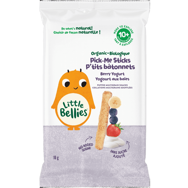 Little Bellies Bâtonnets Biologiques Pick-Me Yogourt aux Baies Soufflé Collations Multigrains pour Bébés 10+ Mois dans un Sac Refermable Blanc et Lavande Mettant en Vedette une Mascotte orange, un Seul Bâton Soufflé et des Baies Fraîches avec du Yogourt, Sans Sucre Ni Sel Ajoutés.