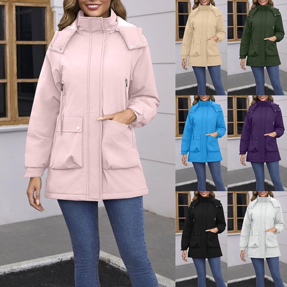 Sentmoon Winter Coat Oversized Hooded Neck Long Sleeve Ski Jacket Women Zipper Solid Color Windproof Waterproof Trendy Womens Clothes with Pockets Fall and Winter Trendy for Sports