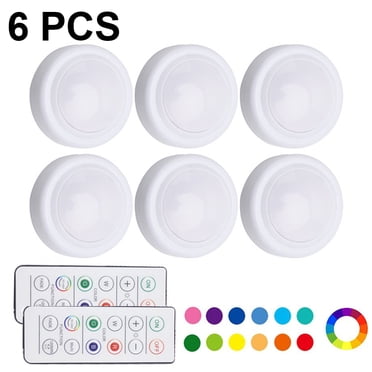Set of 6 Battery-Powered LED Puck Lights - Dimmable Under Cabinet Lights with 16 Color Options, 2 Remote Controls, and Timing Function