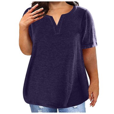 FAIWAD Womens Summer Tunic Tops Plus Size Casual Notch V Neck Tops Short Sleeve Solid Color Loose T-Shirt